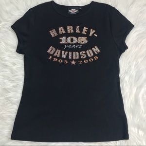 Harley Davidson Black Tee 105 Years Rhinestones L